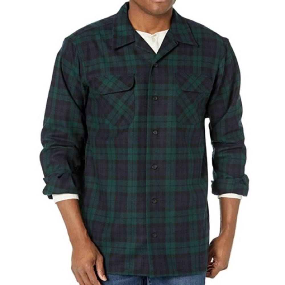 Pendleton Cozy Pine Plaid Virgin Wool Button Shirt Vintage Fireside Black Tartan